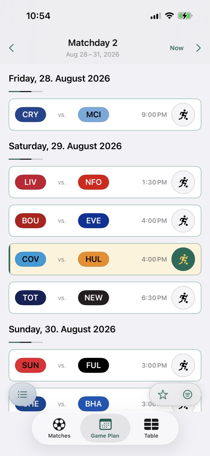 GamePlan game plan screen listing a matchday's fixtures grouped by day