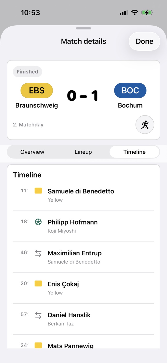GamePlan match timeline listing goals, bookings and substitutions by minute