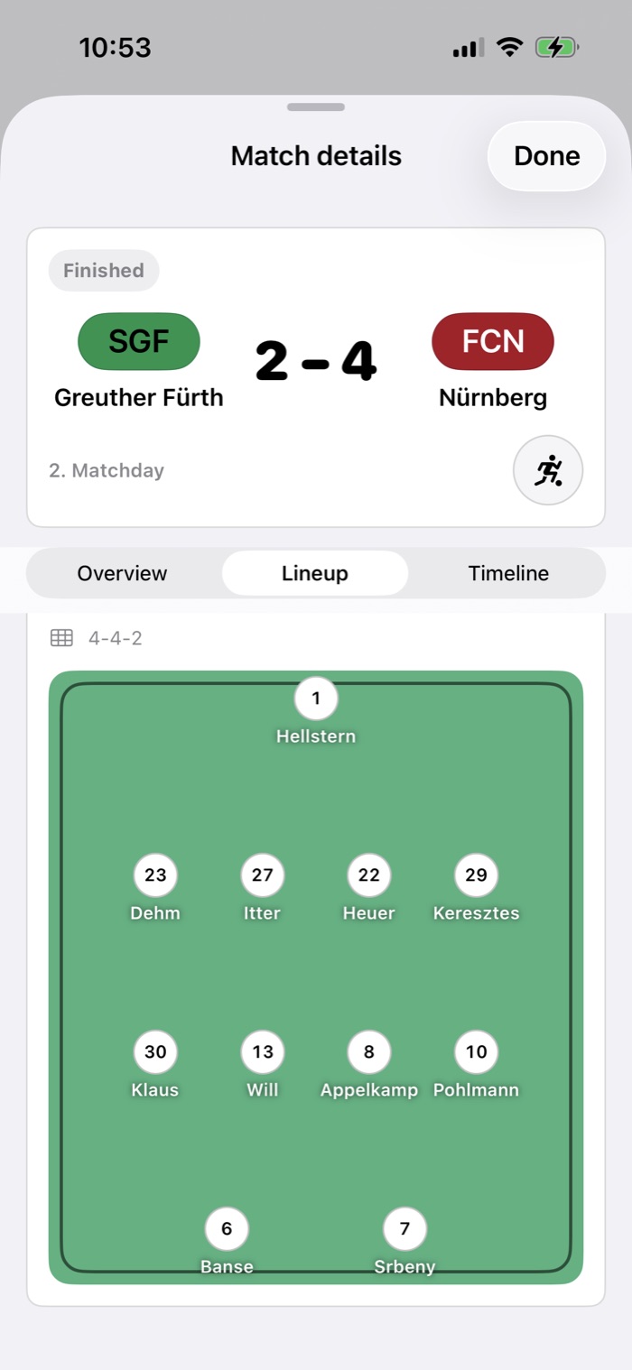 GamePlan line-up screen showing a starting eleven in a 4-4-2 formation on the pitch