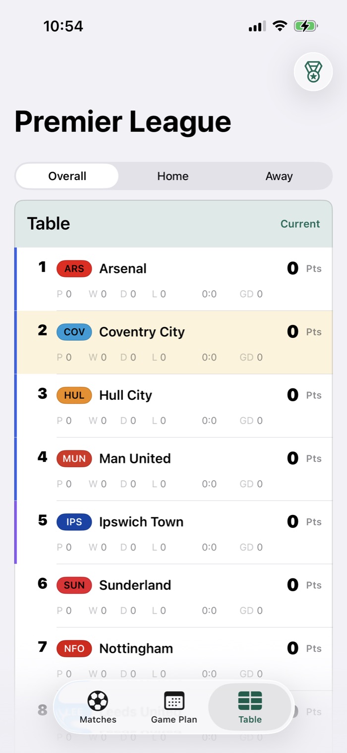 GamePlan table screen showing standings with points, goal difference and form