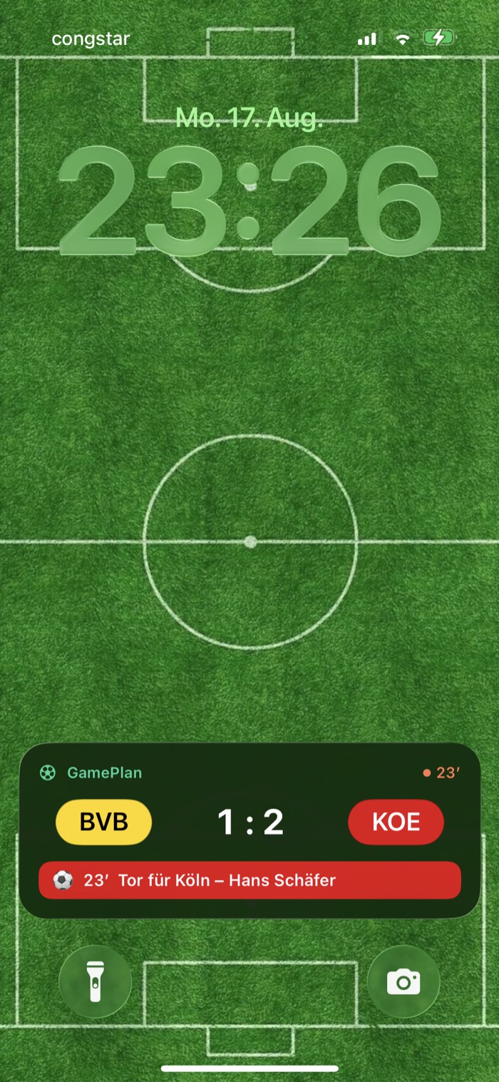 Ein iPhone-Sperrbildschirm mit der GamePlan Live-Aktivität und laufendem Spielstand