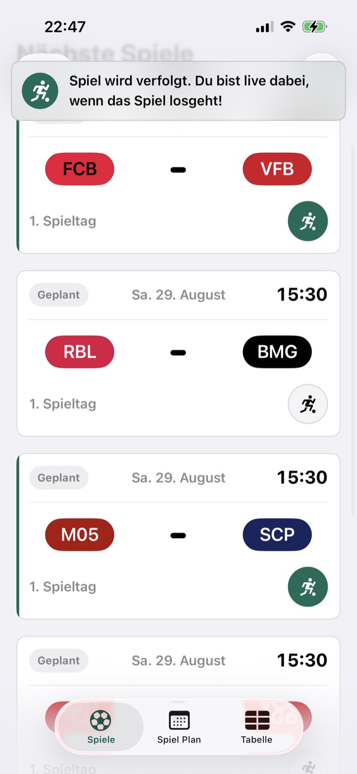 GamePlan Spieleliste mit der Bestätigung, dass das Spiel jetzt live verfolgt wird