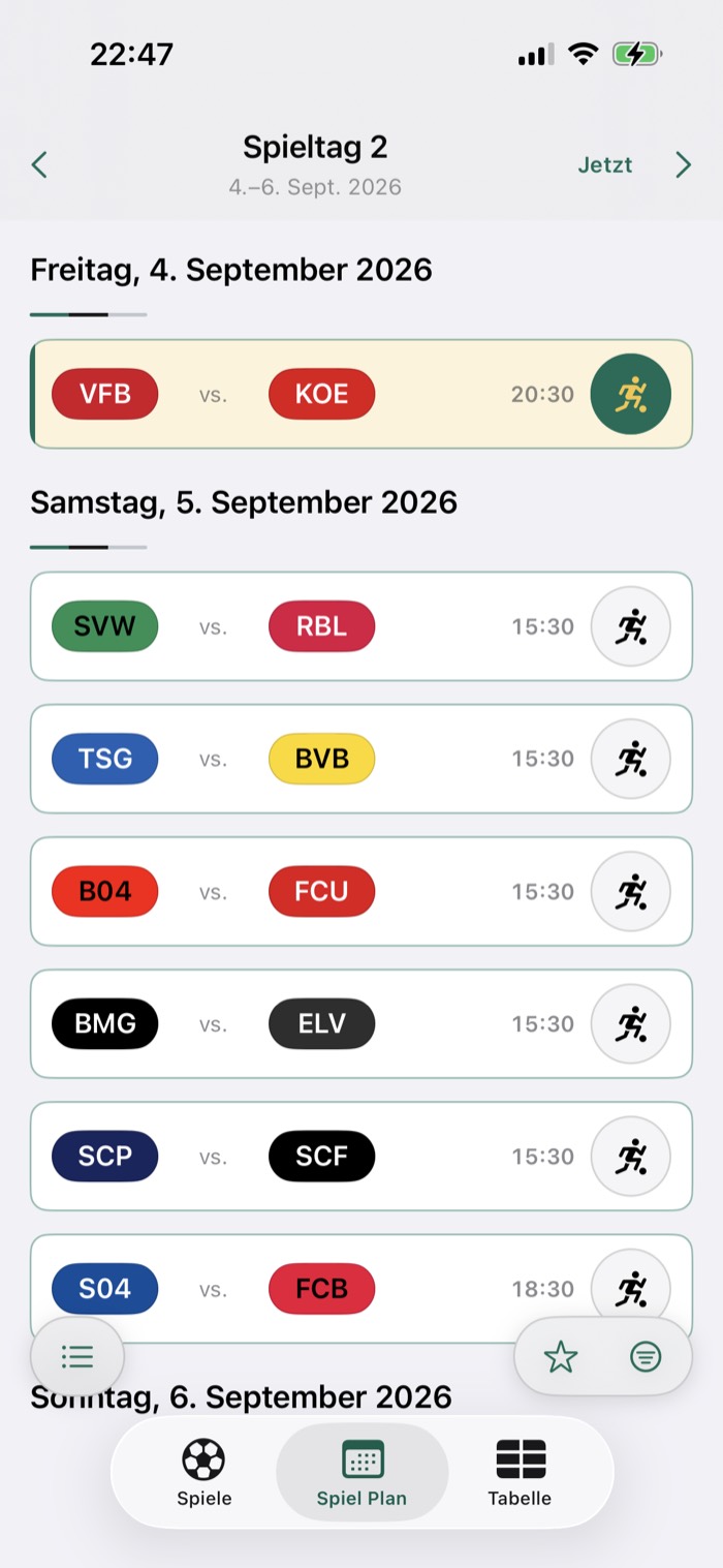 GamePlan Spielplan mit den Begegnungen eines Spieltags, nach Tagen sortiert