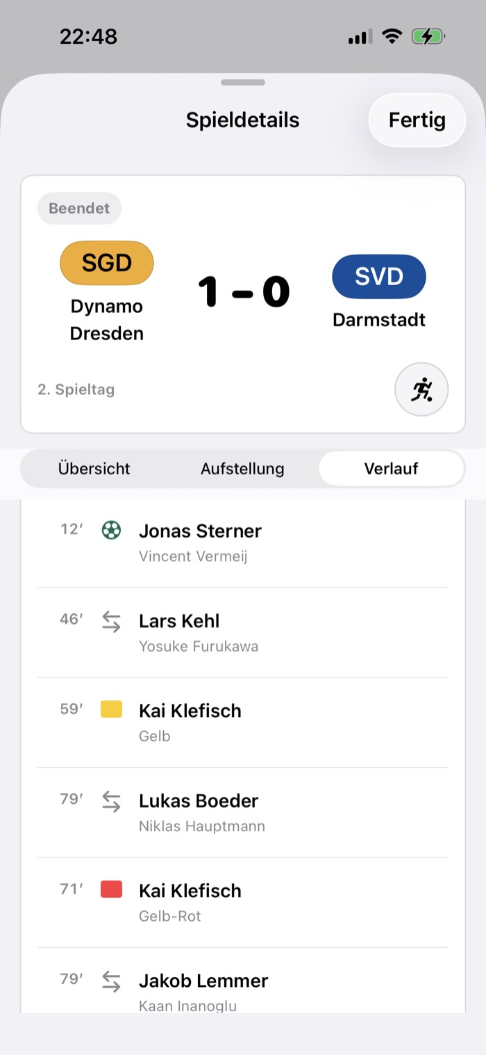 GamePlan Spielverlauf mit Toren, Karten und Wechseln nach Minuten