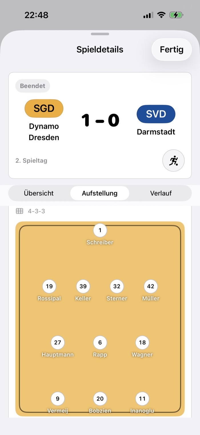 GamePlan Aufstellung mit der Startelf in ihrer echten Formation auf dem Platz