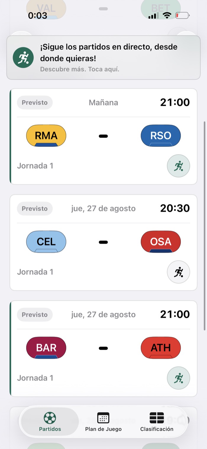 Pantalla de partidos de GamePlan, desde donde sigues un encuentro en directo