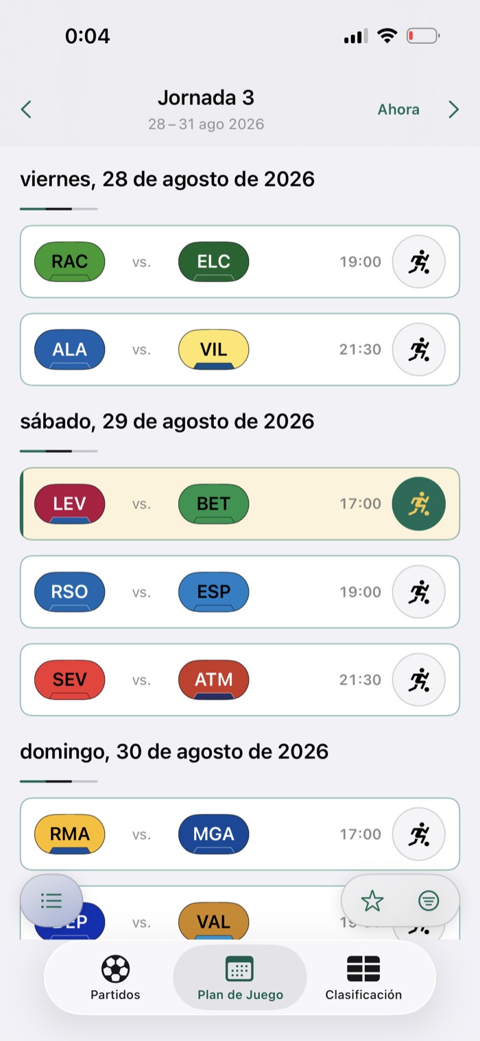 Plan de juego de GamePlan con los encuentros de una jornada agrupados por día