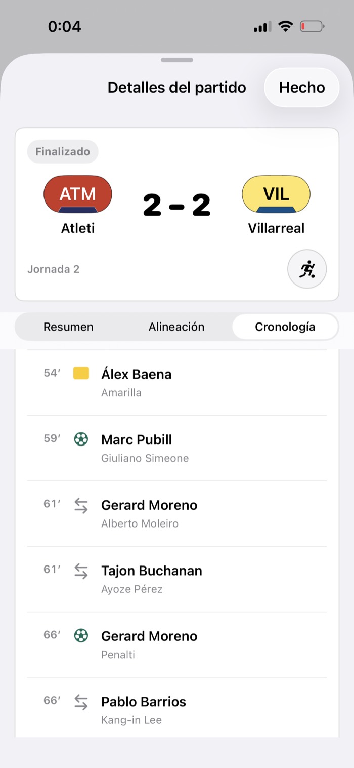 Cronología de un partido en GamePlan con goles, tarjetas y cambios por minuto