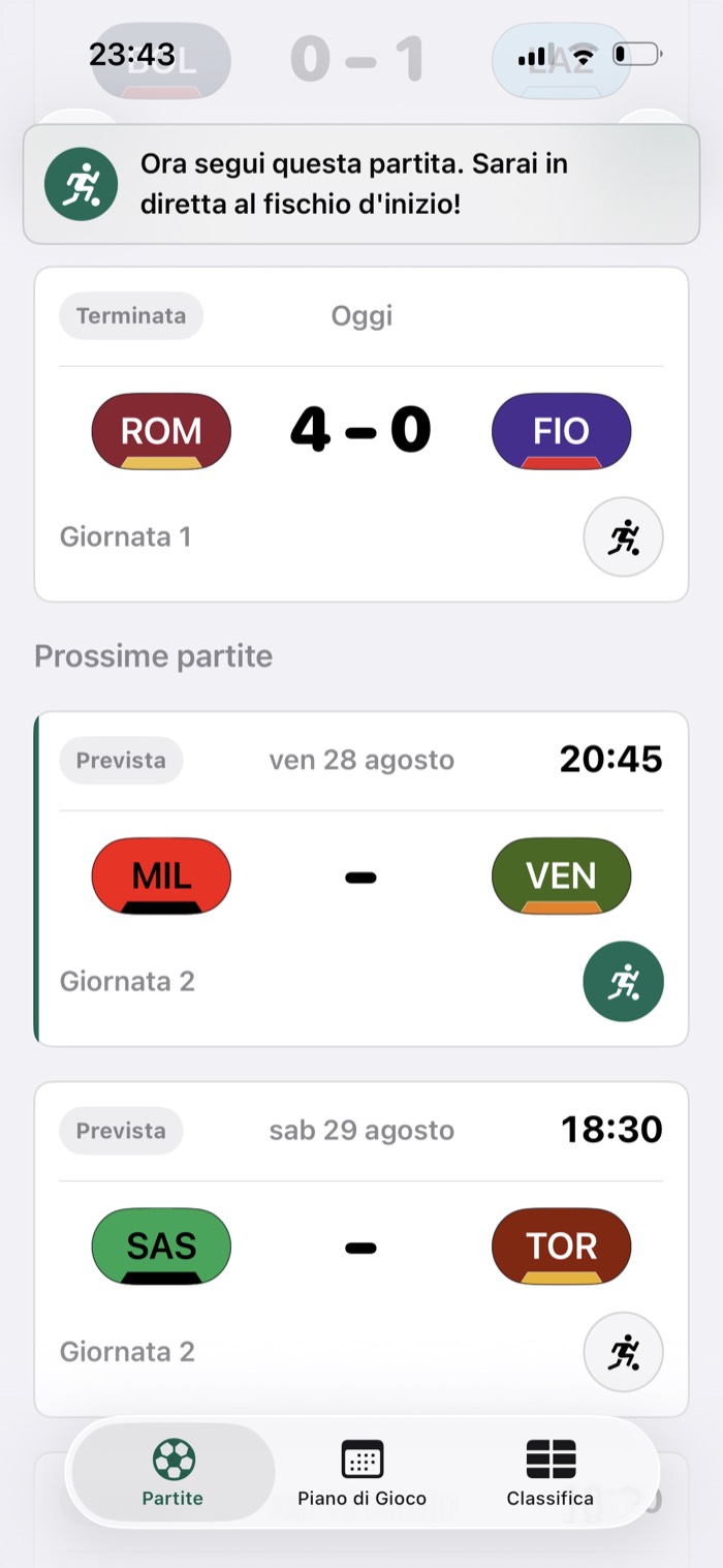 Schermata delle partite di GamePlan, da cui segui un incontro live
