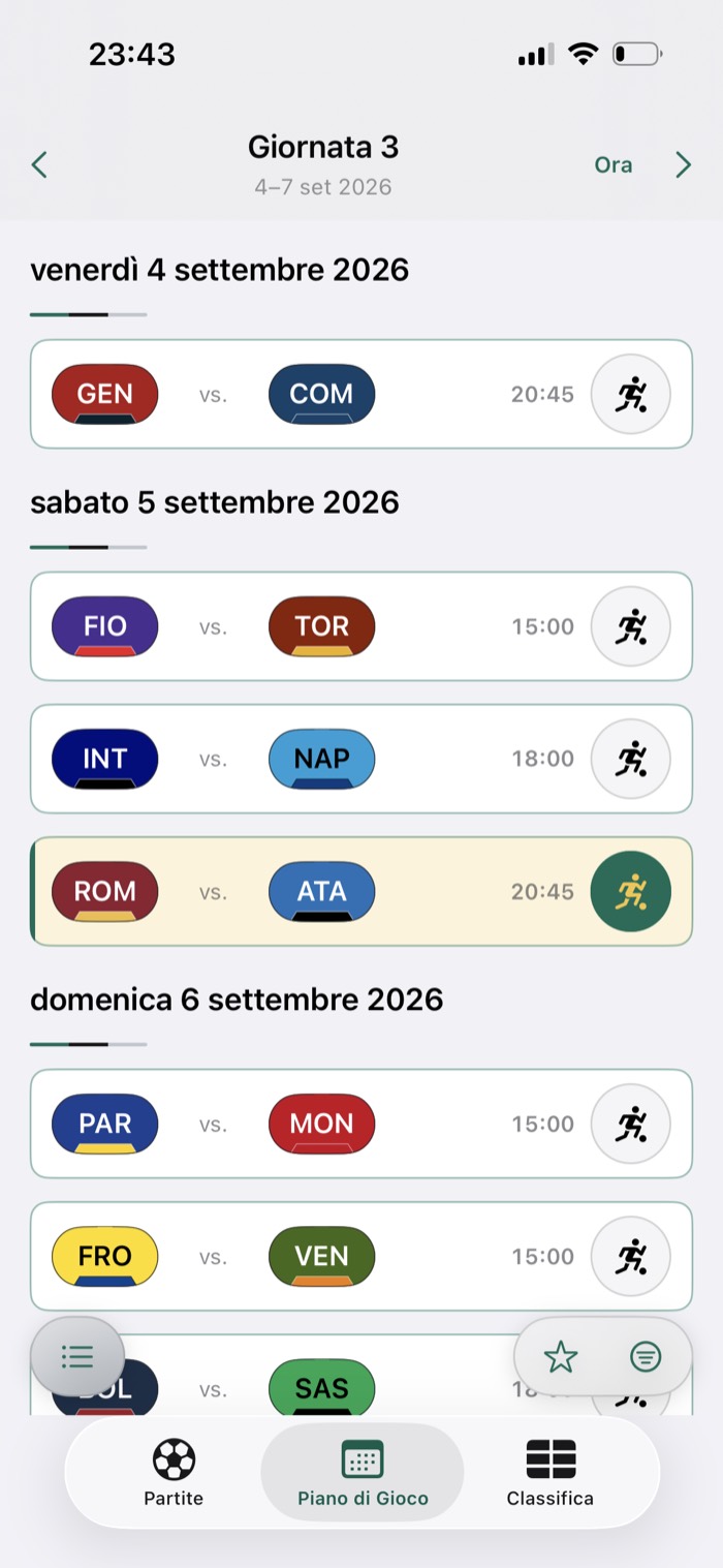 Piano di gioco di GamePlan con le partite di una giornata raggruppate per giorno