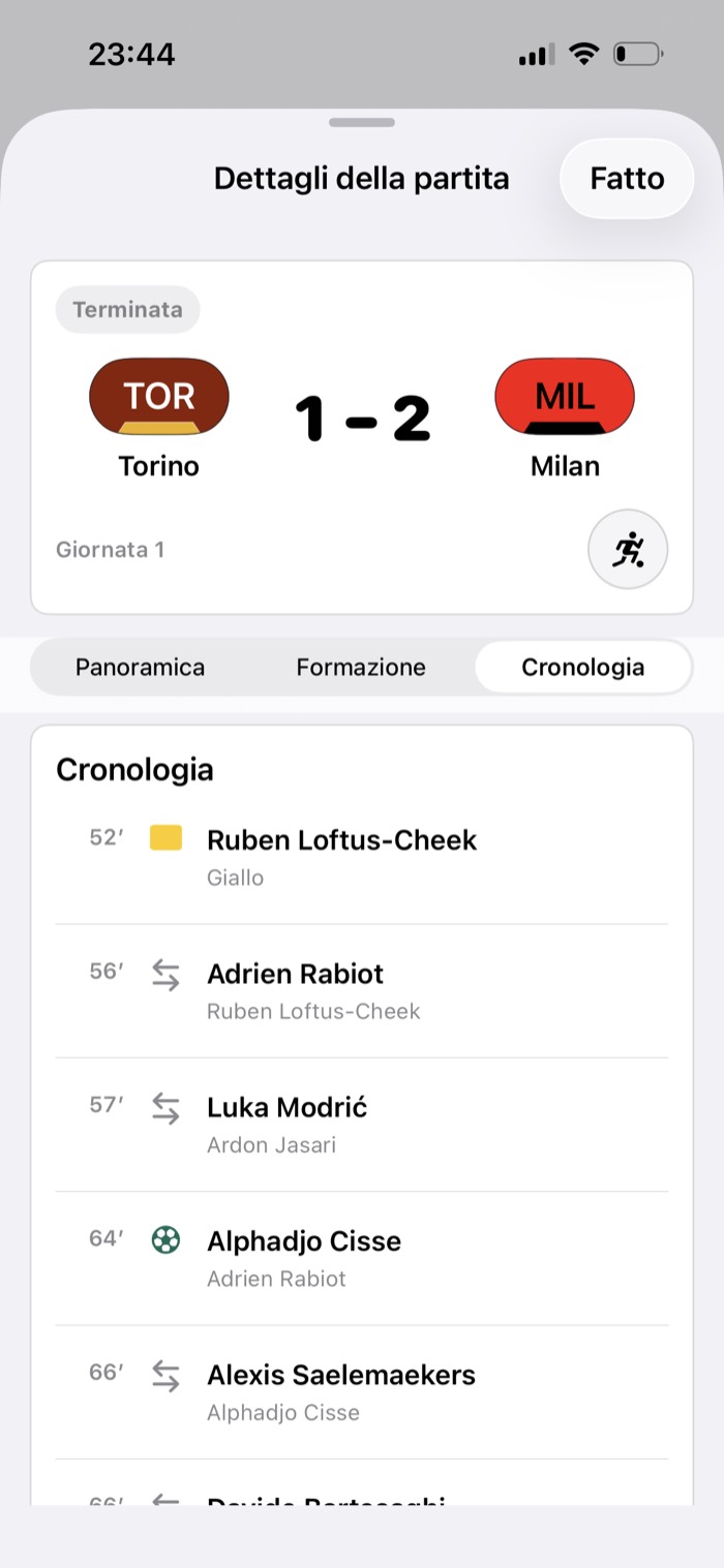 Cronaca di una partita in GamePlan con gol, ammonizioni e sostituzioni minuto per minuto