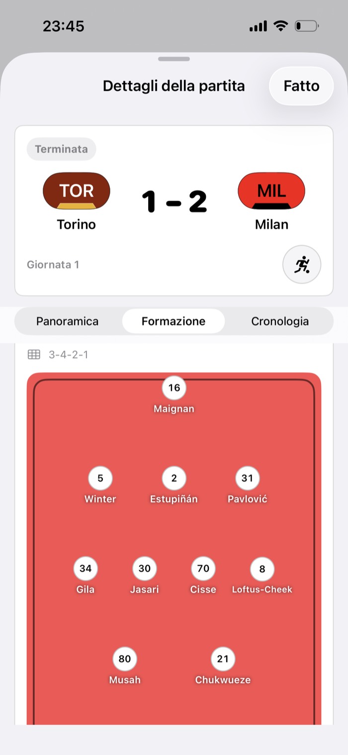Schermata della formazione di GamePlan con gli undici titolari in campo nel modulo reale